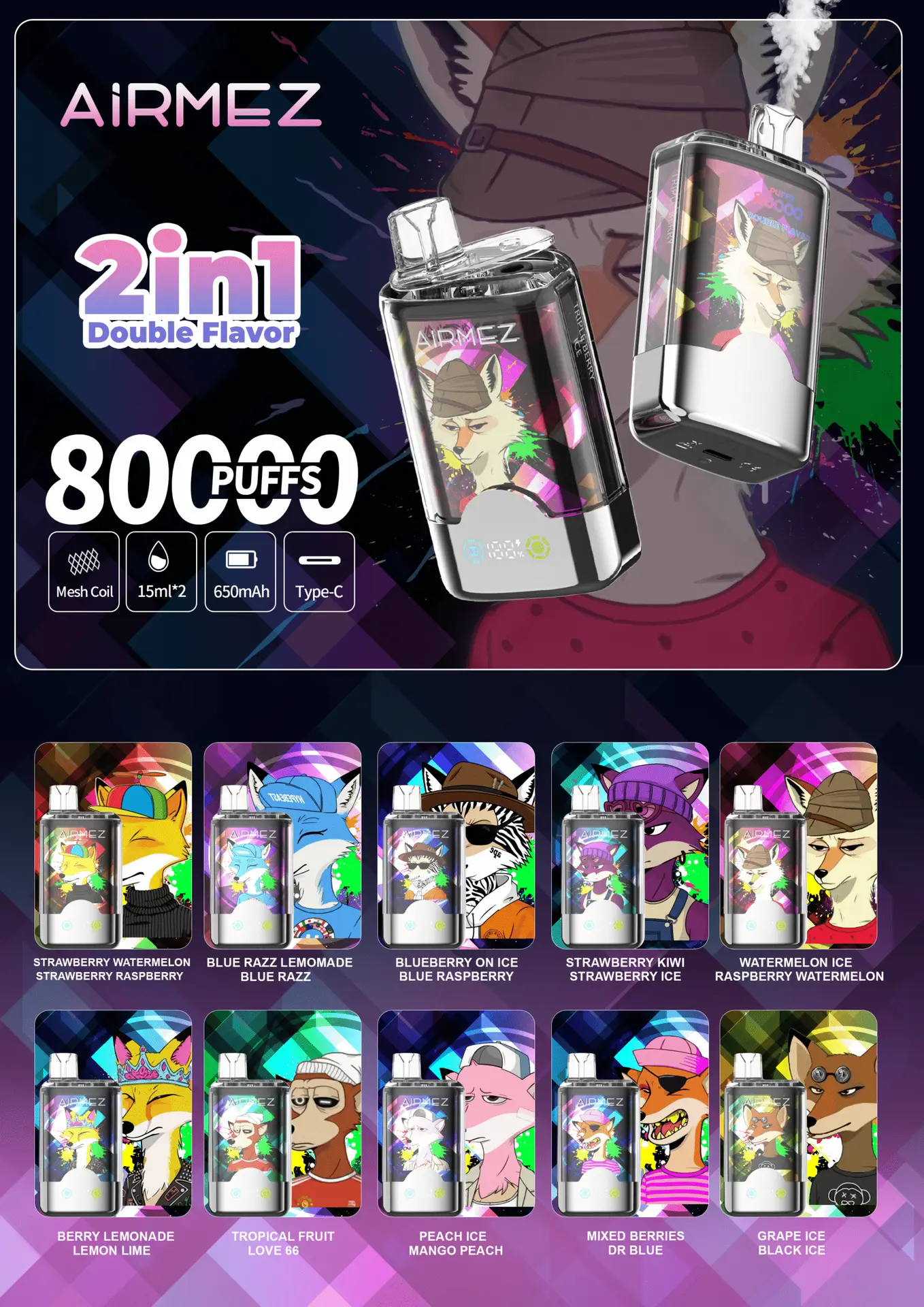 Airmez FOX 80K Disposable Vape 80000 Puffs Dual Flavor